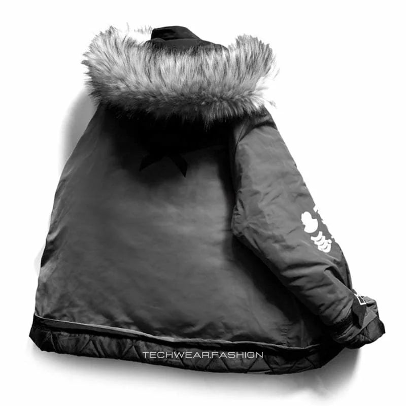 Techwear Cargo Jacket with Fur Hood