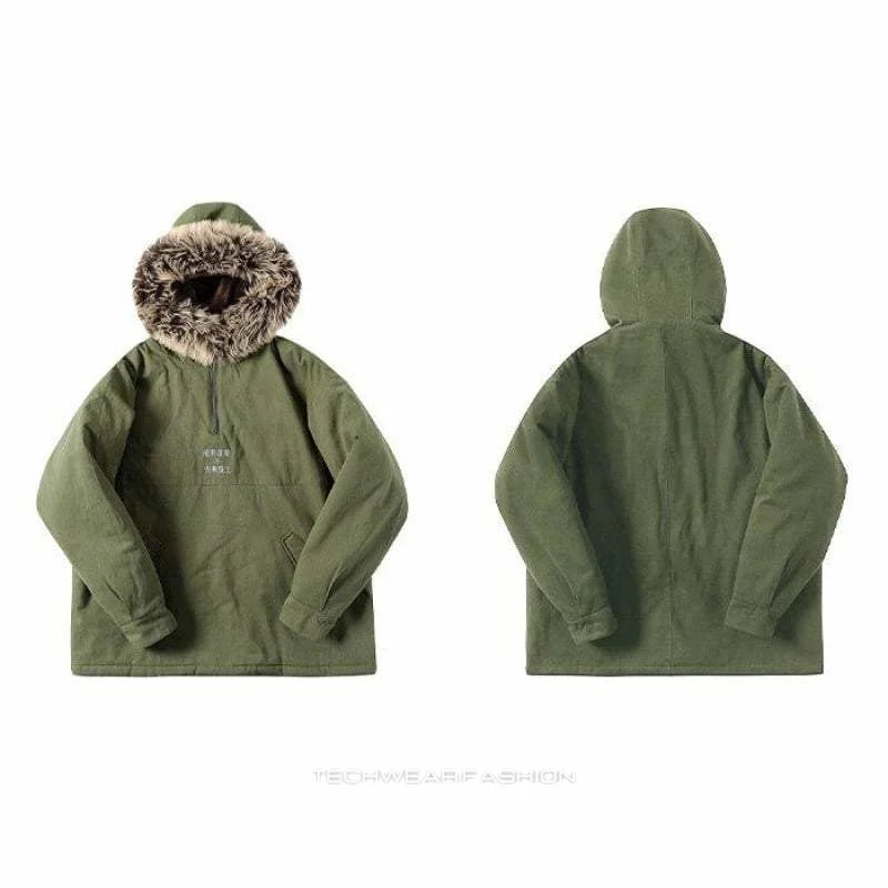 Techwear Green Cargo Jacket with Fur Hood