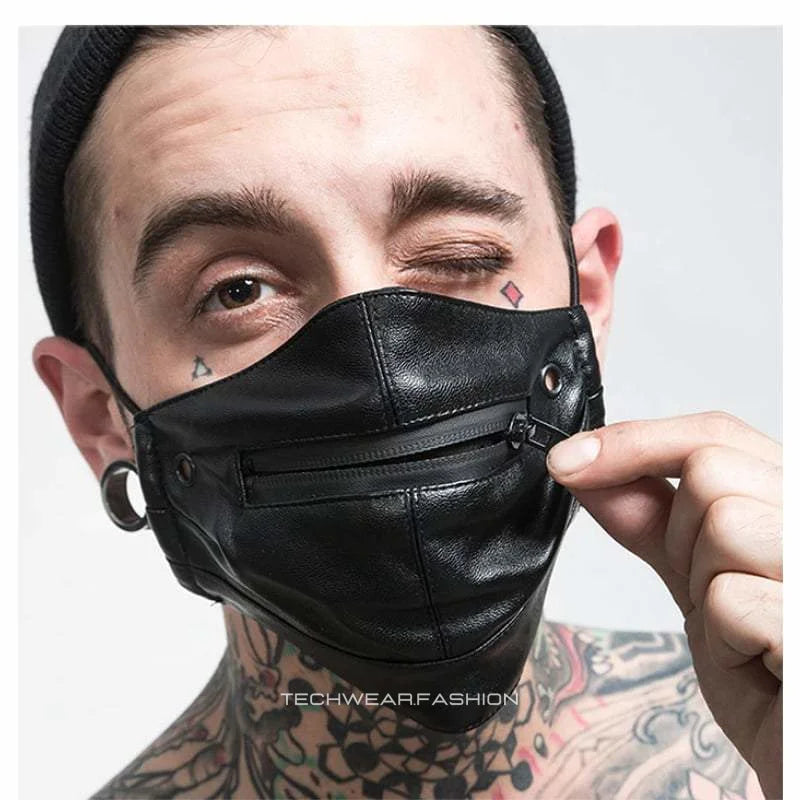 Techwear Leather Mask with Zipper Mouth