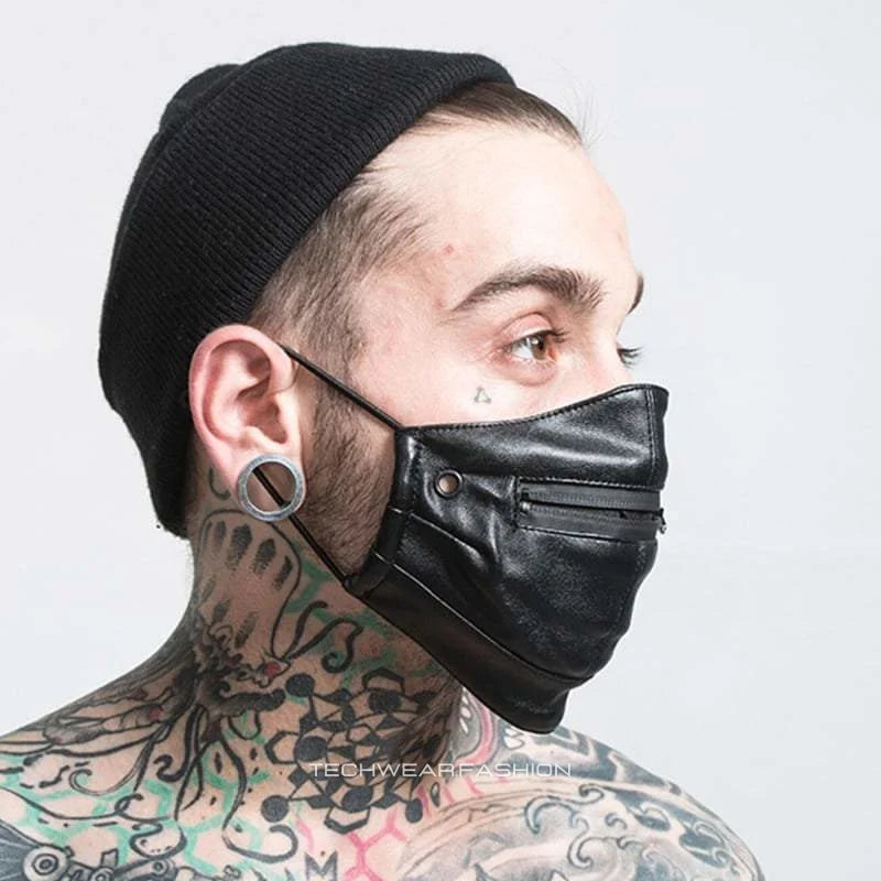 Techwear Leather Mask with Zipper Mouth