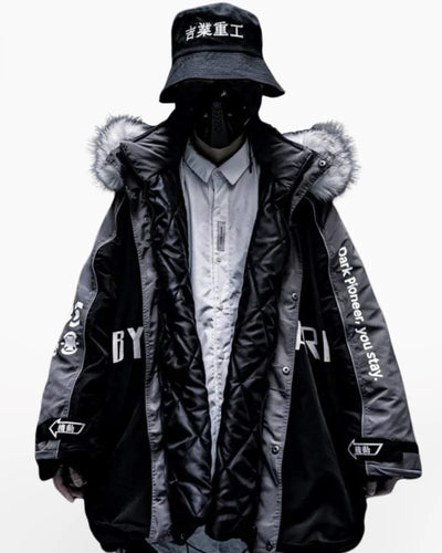 Techwear Cargo Jacket with Fur Hood